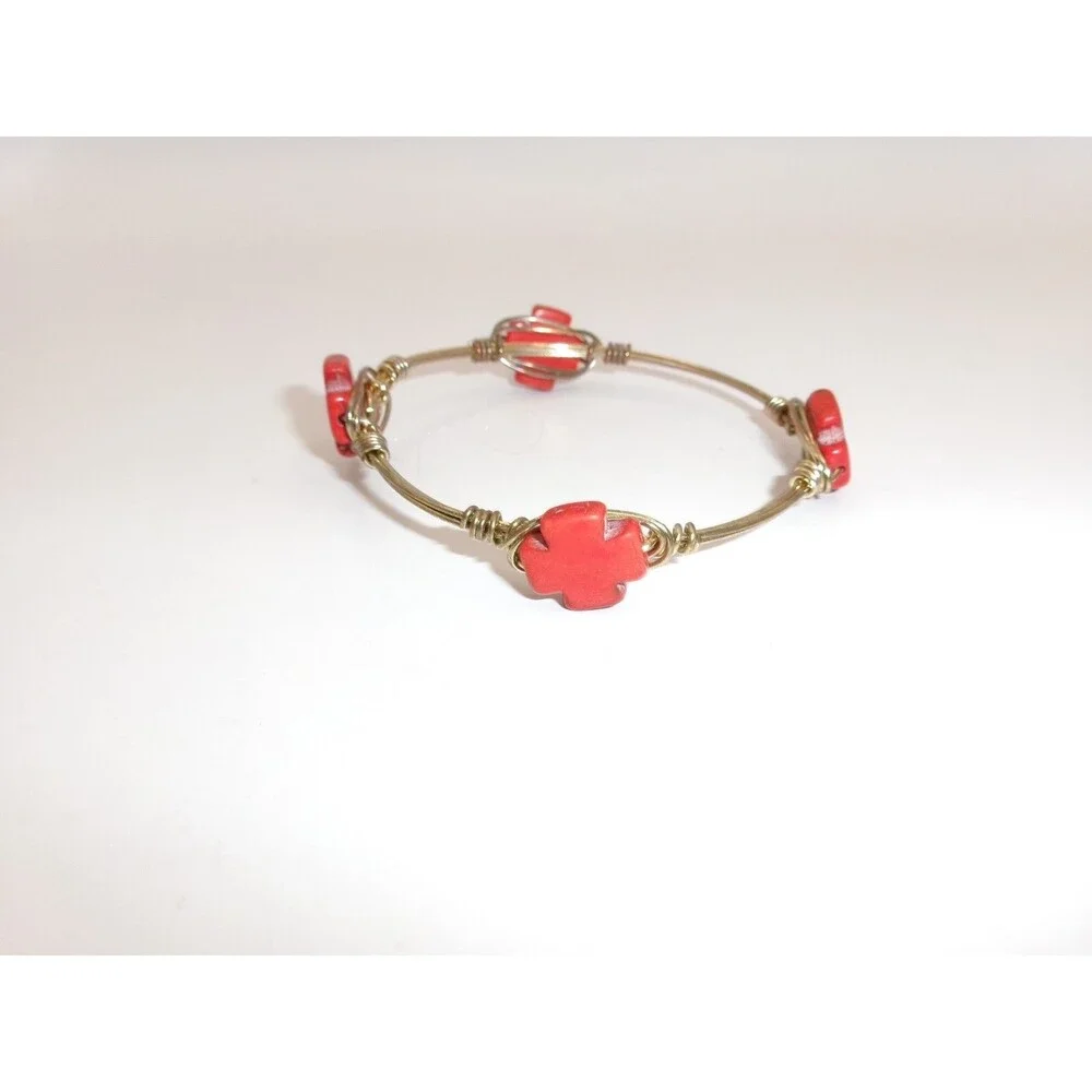 Red Maltese Cross Bourbon & Bowties Artisan Wired Gemstone Bracelet Unsigned